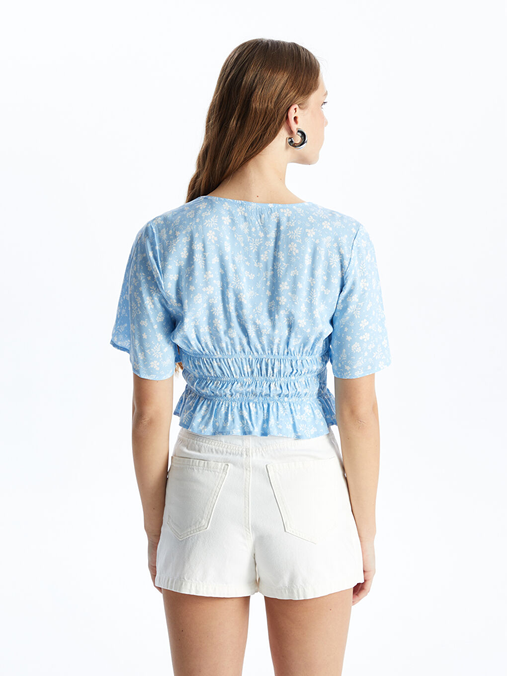 V-Neck Patterned Short Sleeve Women's Blouse -S4DC69Z8-LQQ