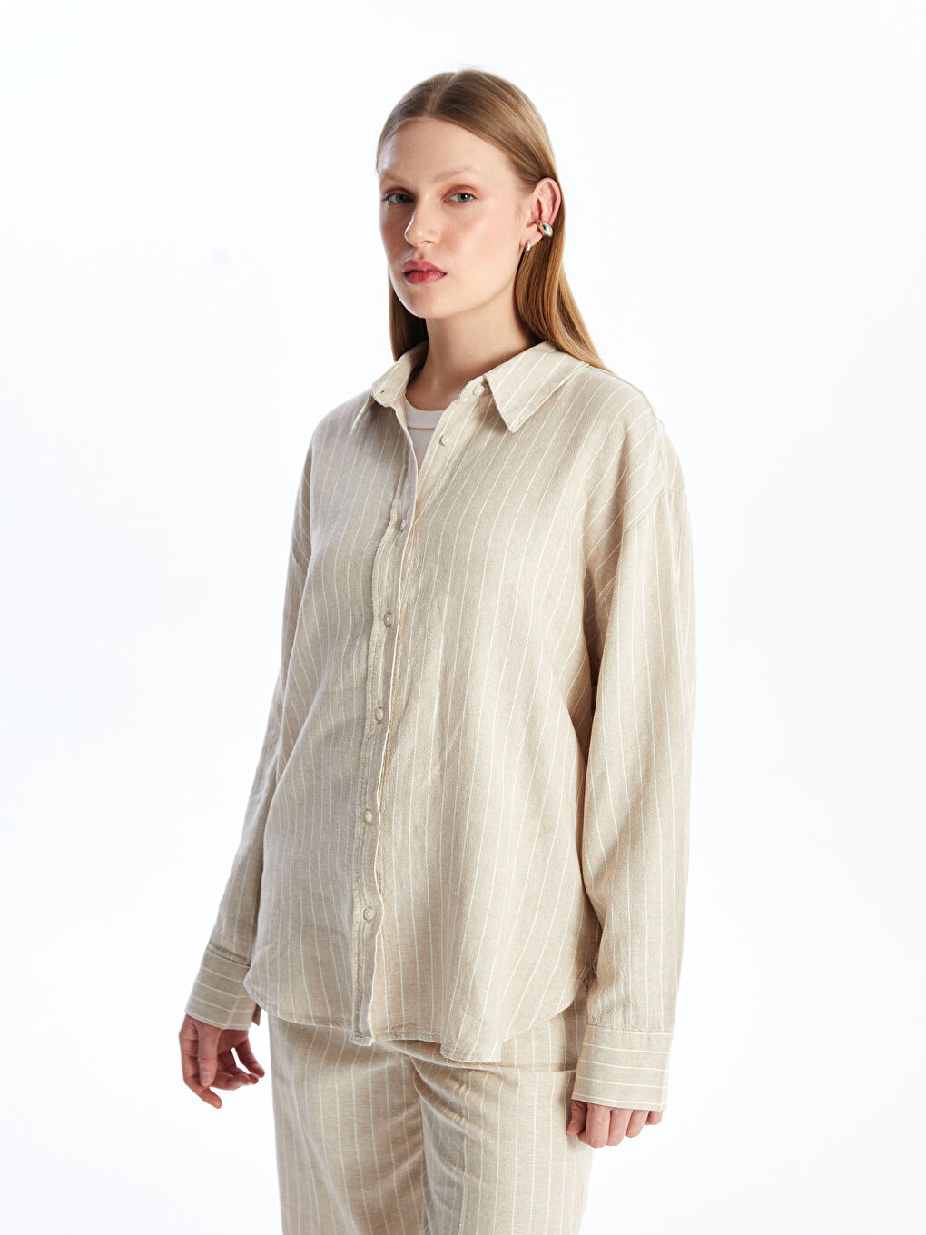 LCW Vision Gestreiftes Langarm Oversize Leinenmischung Damenhemd -S4DC72Z8-LE8