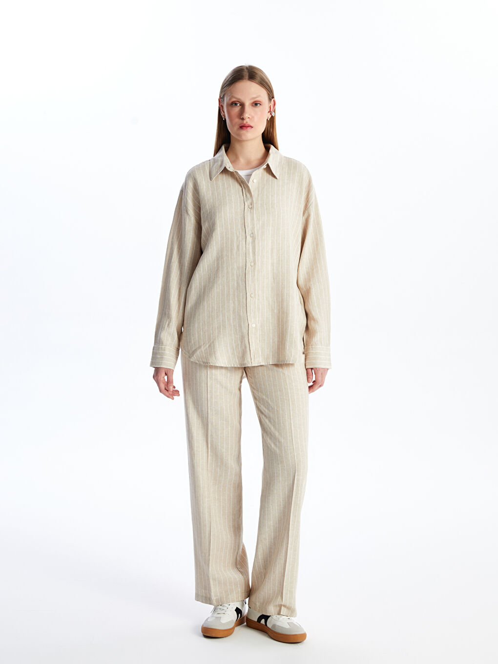 LCW Vision Gestreiftes Langarm Oversize Leinenmischung Damenhemd -S4DC72Z8-LE8