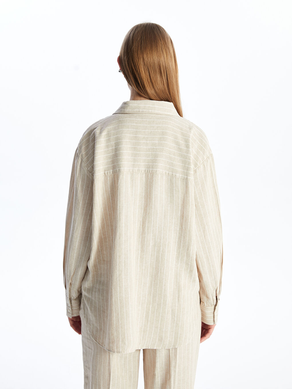 LCW Vision Gestreiftes Langarm Oversize Leinenmischung Damenhemd -S4DC72Z8-LE8