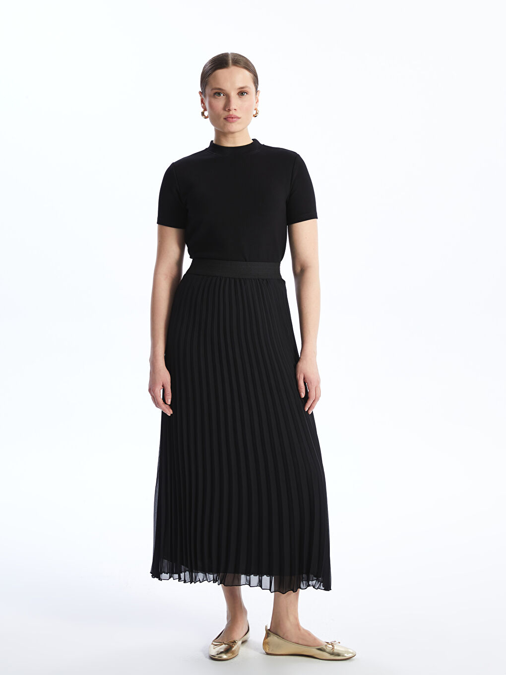 Elastic Waist Plain Pleated Women's Skirt