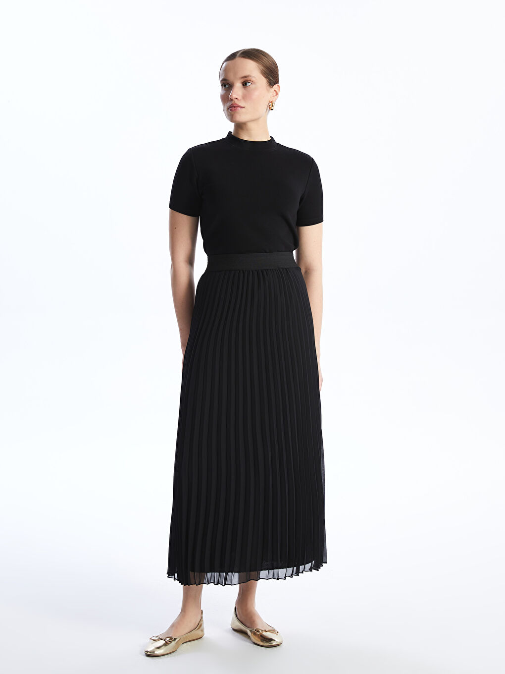 Elastic Waist Plain Pleated Women's Skirt-1