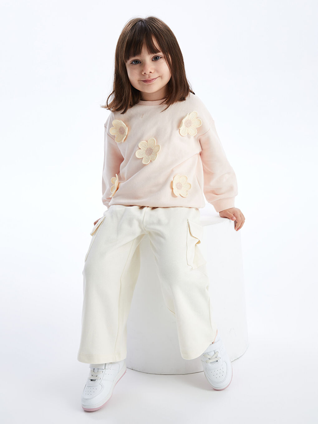 Pembe Bisiklet Yaka Çiçekli Desenli Kız Bebek Sweatshirt-1