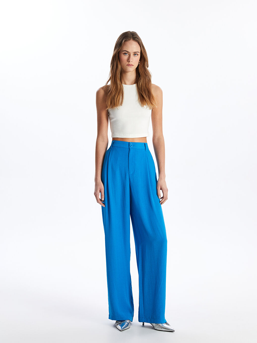 LC Waikiki Široke Ženske Pantalone Jednostavnog Kroja Izgleda Lana -S4DF03Z8-SV6