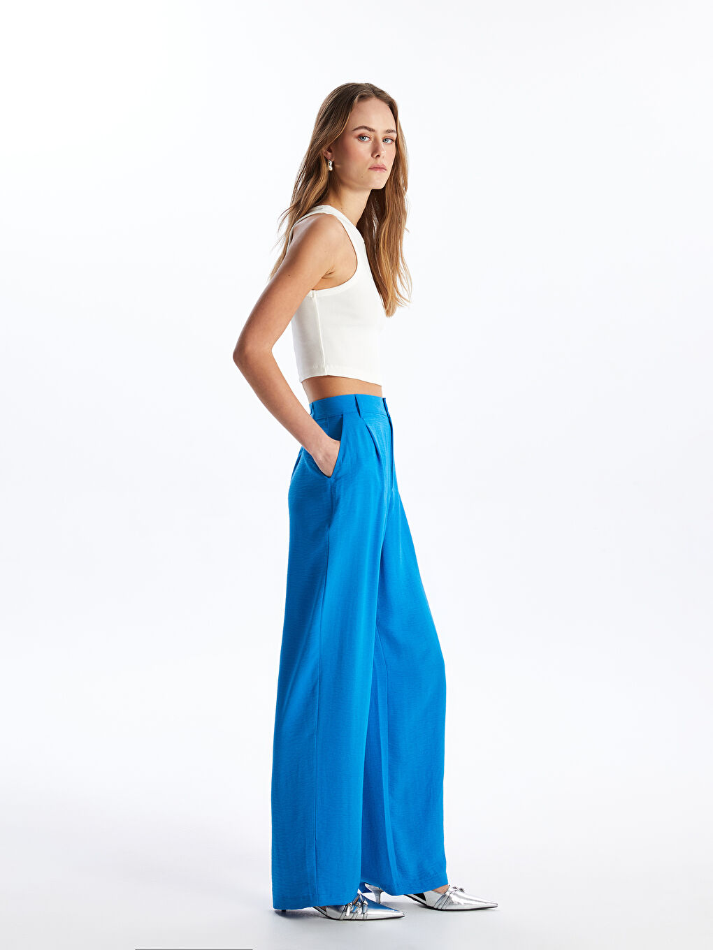 LC Waikiki Široke Ženske Pantalone Jednostavnog Kroja Izgleda Lana -S4DF03Z8-SV6