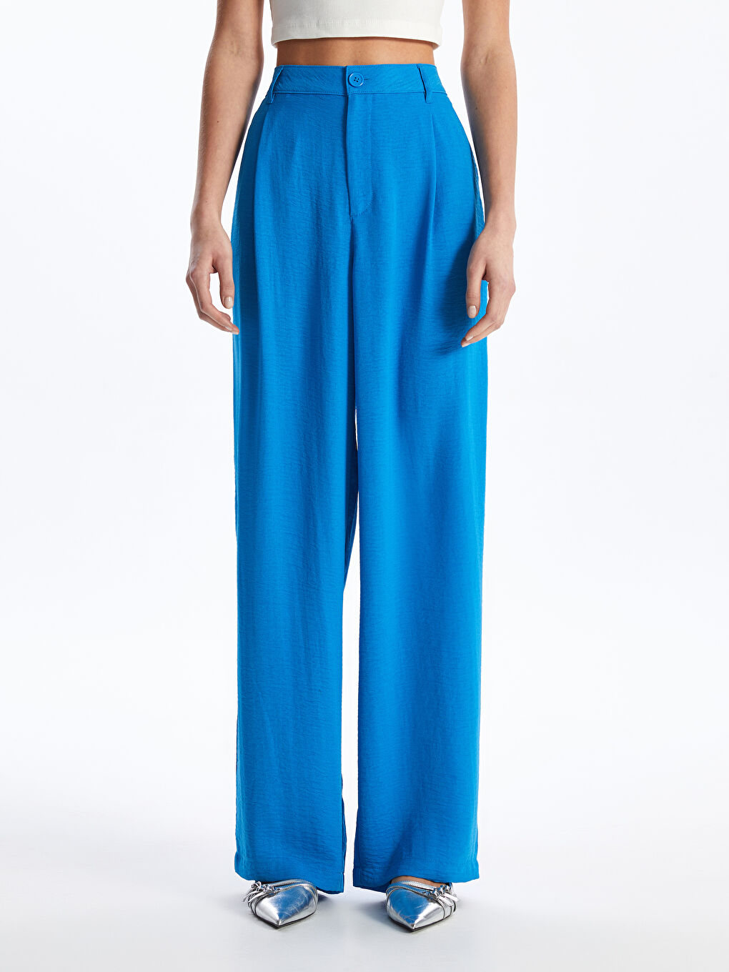 LC Waikiki Široke Ženske Pantalone Jednostavnog Kroja Izgleda Lana -S4DF03Z8-SV6