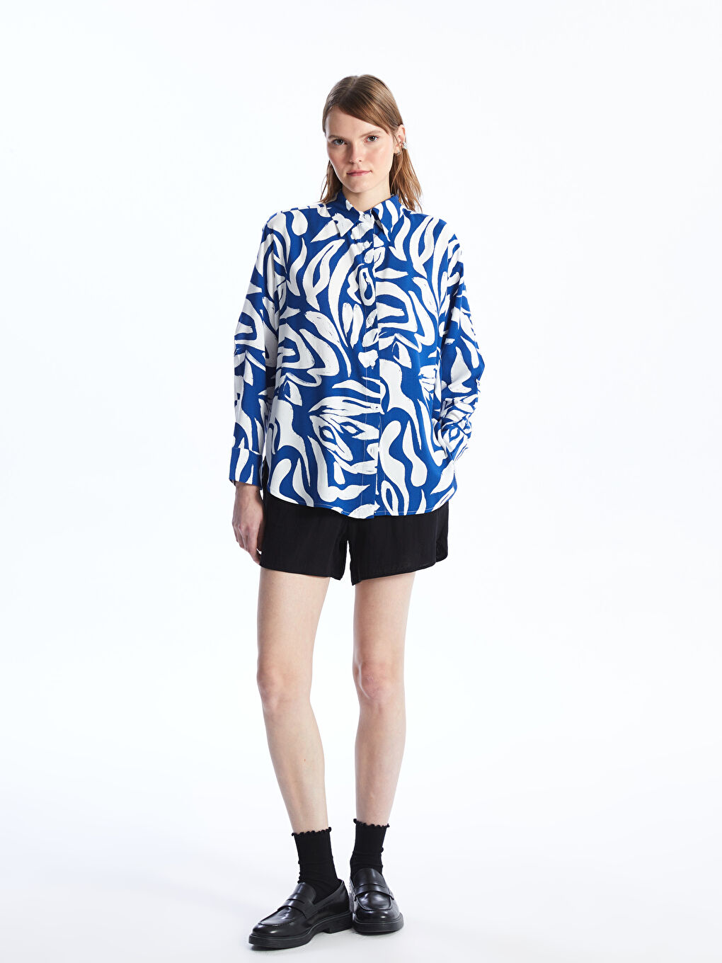 قميص نسائي أوفراسايز كم طويل منقوش-2