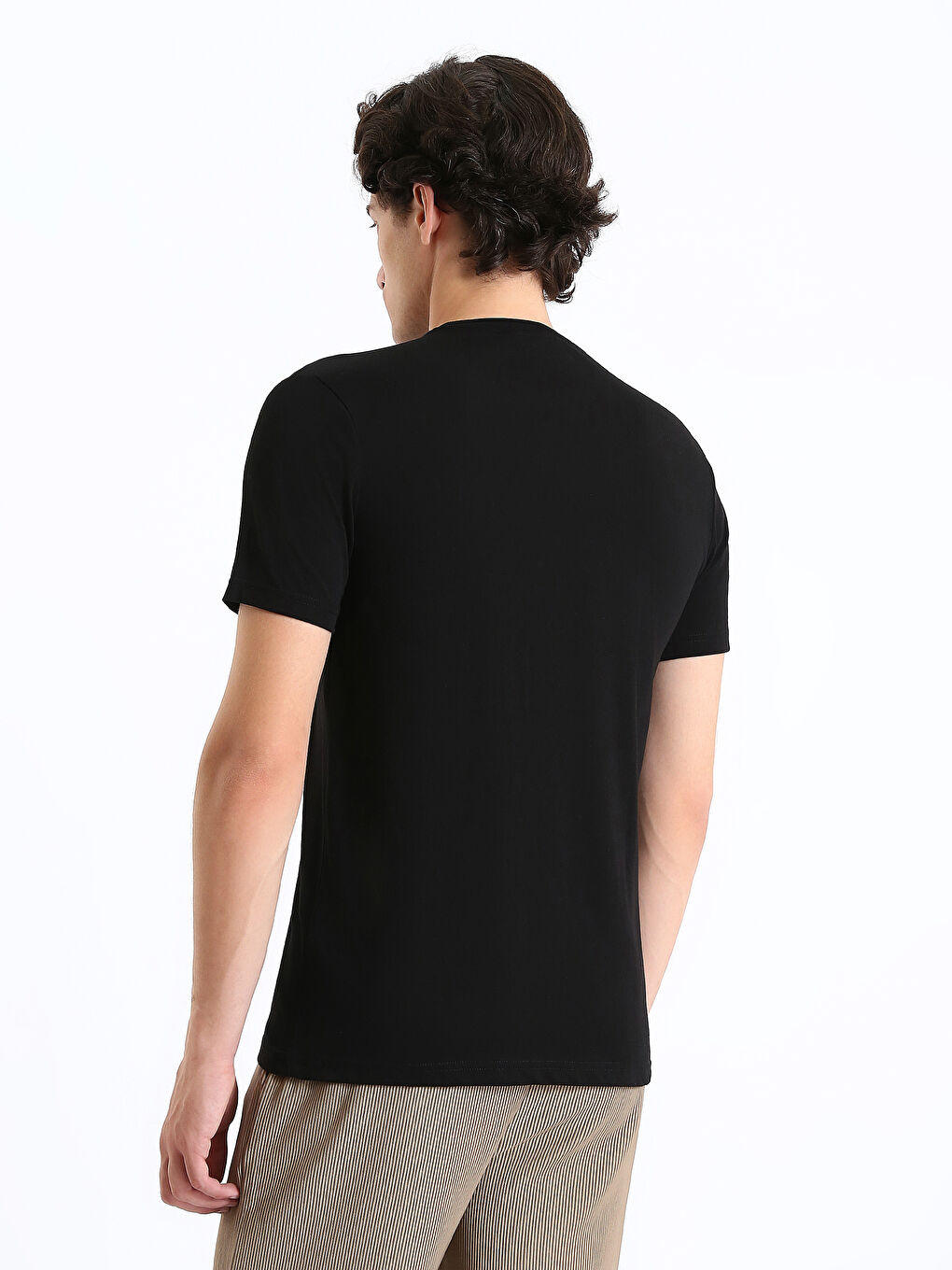 Ерлерге арналған трикотаж дөңгелек жағалы қысқа жең принтті мақта футболка-8