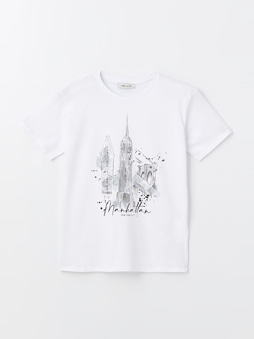 Beyaz Bisiklet Yaka Baskılı Kısa Kollu Kadın Tişört-5