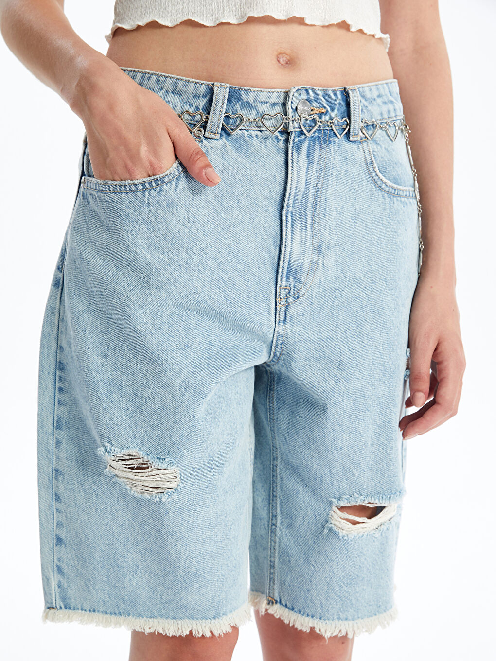 Джинсовые Шорты Бермуды Женские С Рваными Деталями-2