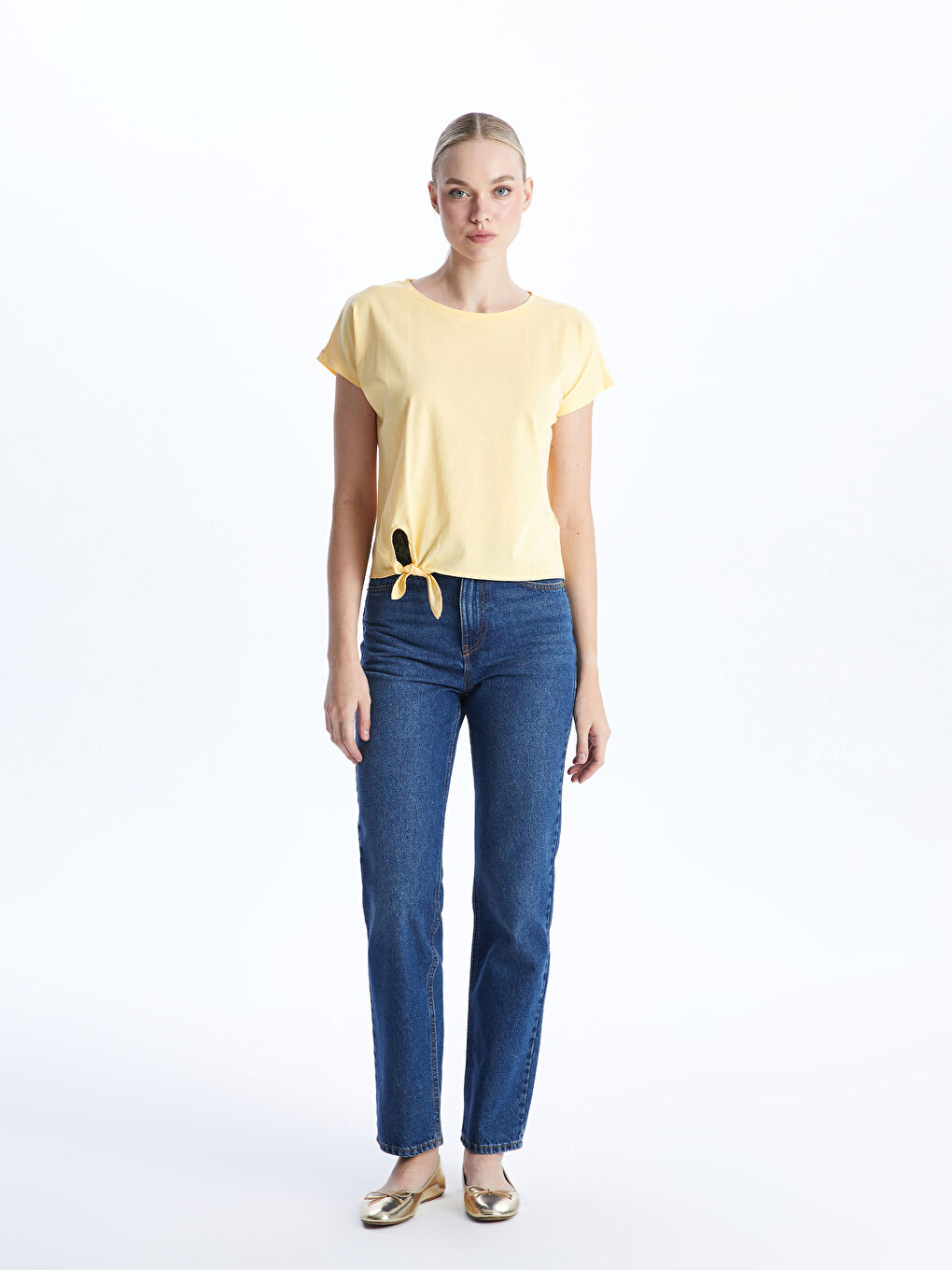 Sarı Bisiklet Yaka Düz Kısa Kollu Kadın Tişört-2