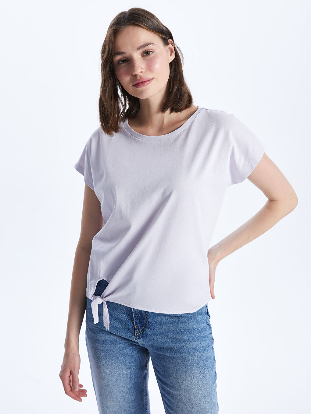 Lila Bisiklet Yaka Düz Kısa Kollu Kadın Tişört