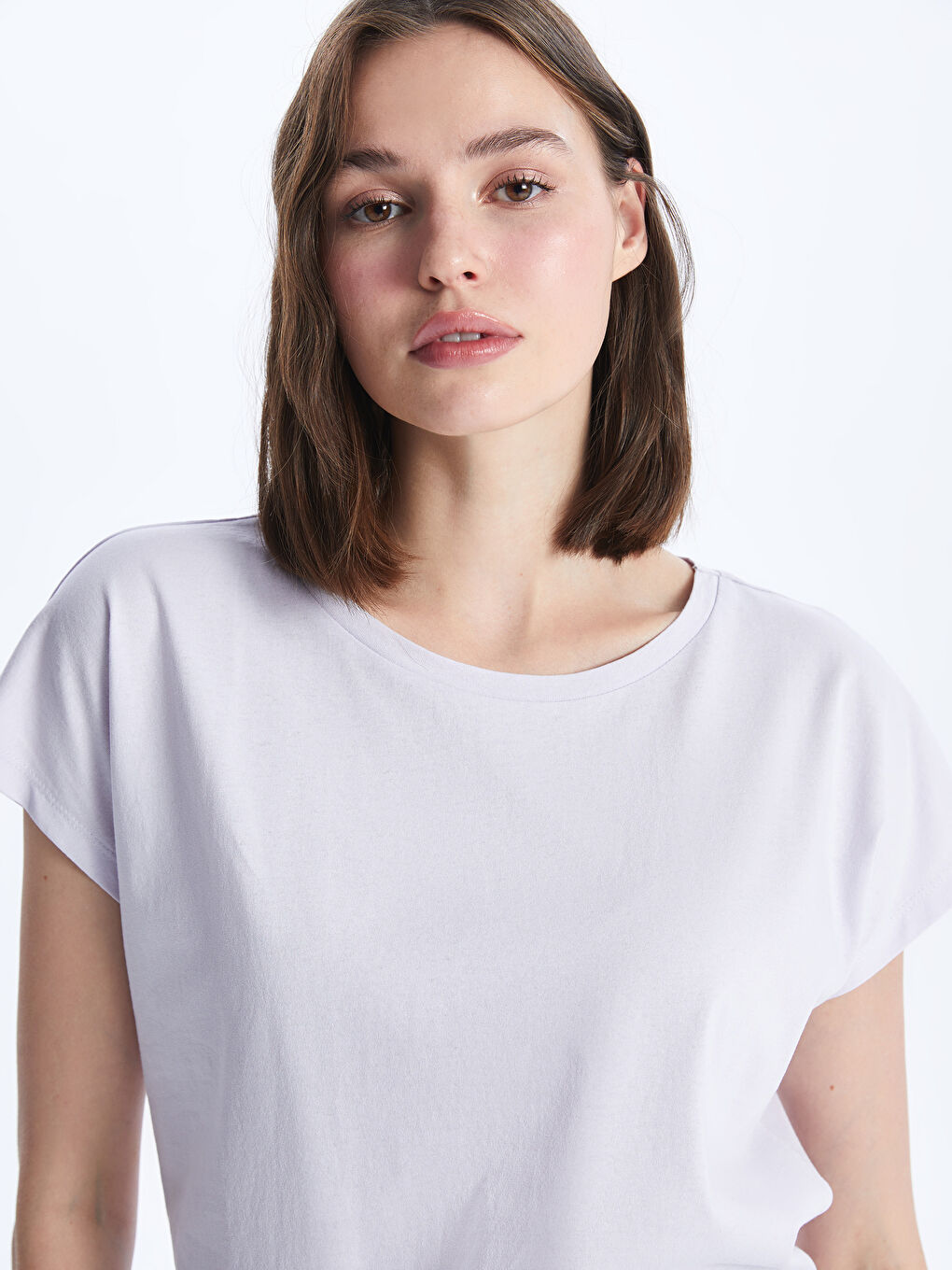 Lila Bisiklet Yaka Düz Kısa Kollu Kadın Tişört-1