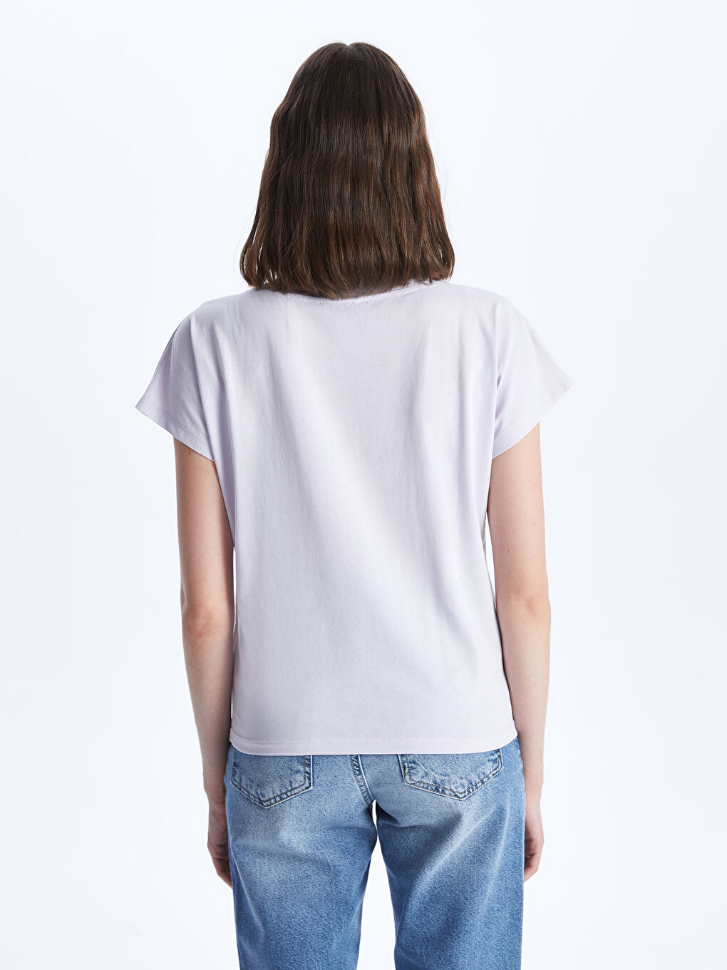 Lila Bisiklet Yaka Düz Kısa Kollu Kadın Tişört-4