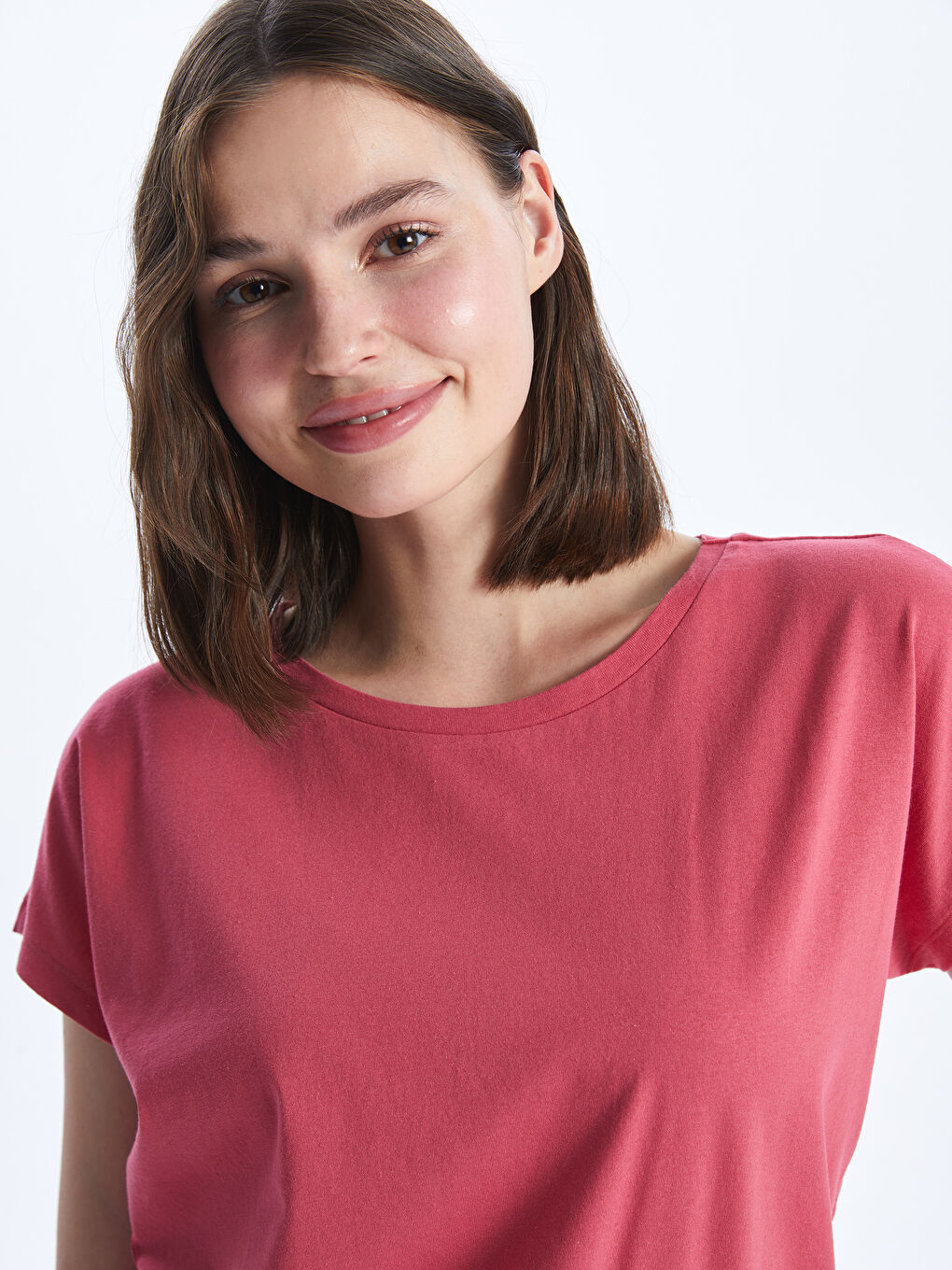 Pembe Bisiklet Yaka Düz Kısa Kollu Kadın Tişört-1