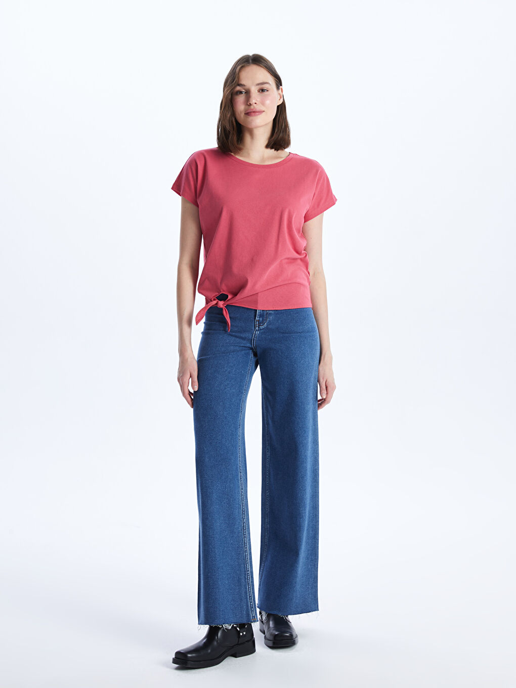 Pembe Bisiklet Yaka Düz Kısa Kollu Kadın Tişört-2