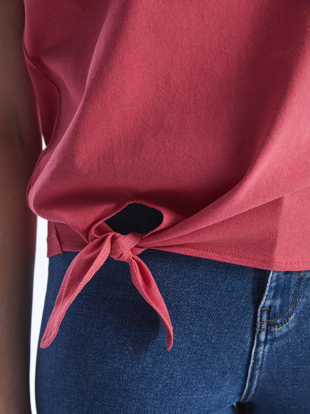 Pembe Bisiklet Yaka Düz Kısa Kollu Kadın Tişört-3