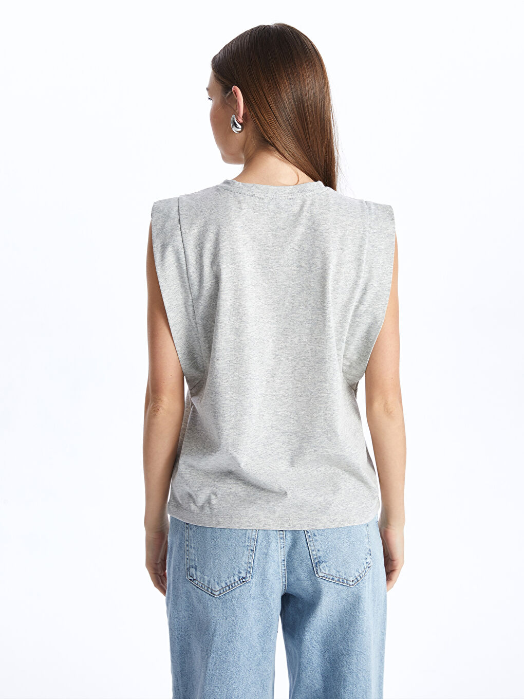 Gri Bisiklet Yaka Düz Kısa Kollu Kadın Tişört-4