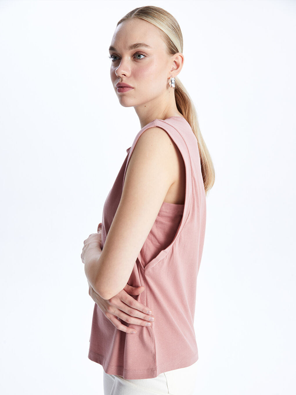 Pembe Bisiklet Yaka Düz Kısa Kollu Kadın Tişört