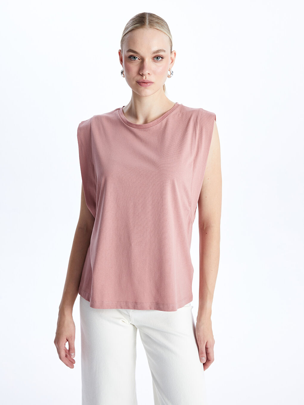 Pembe Bisiklet Yaka Düz Kısa Kollu Kadın Tişört-1