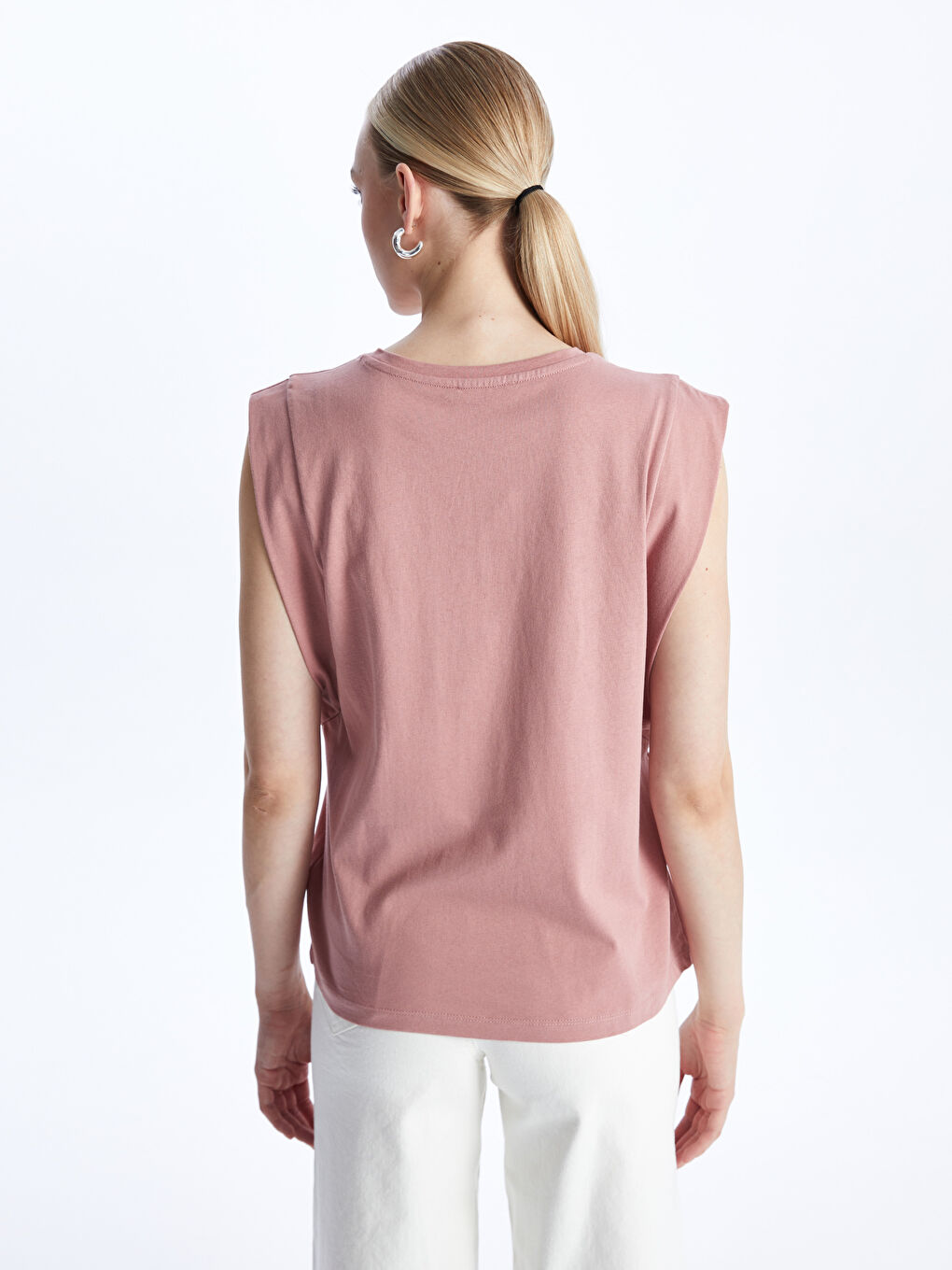 Pembe Bisiklet Yaka Düz Kısa Kollu Kadın Tişört-4