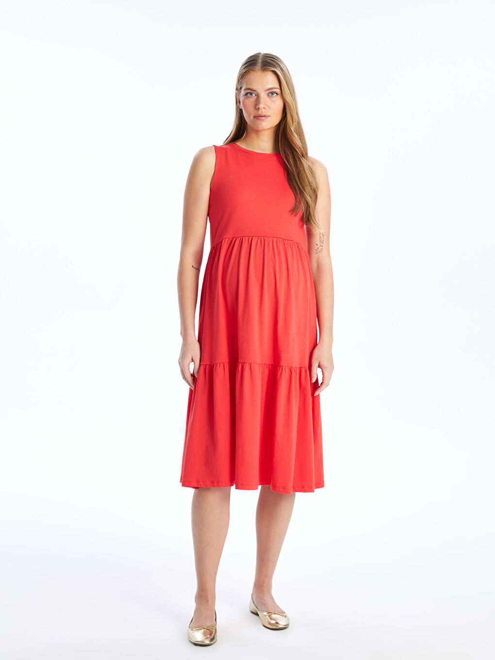 მრგვალი საყელო უბრალო ორსულობის კაბა-3