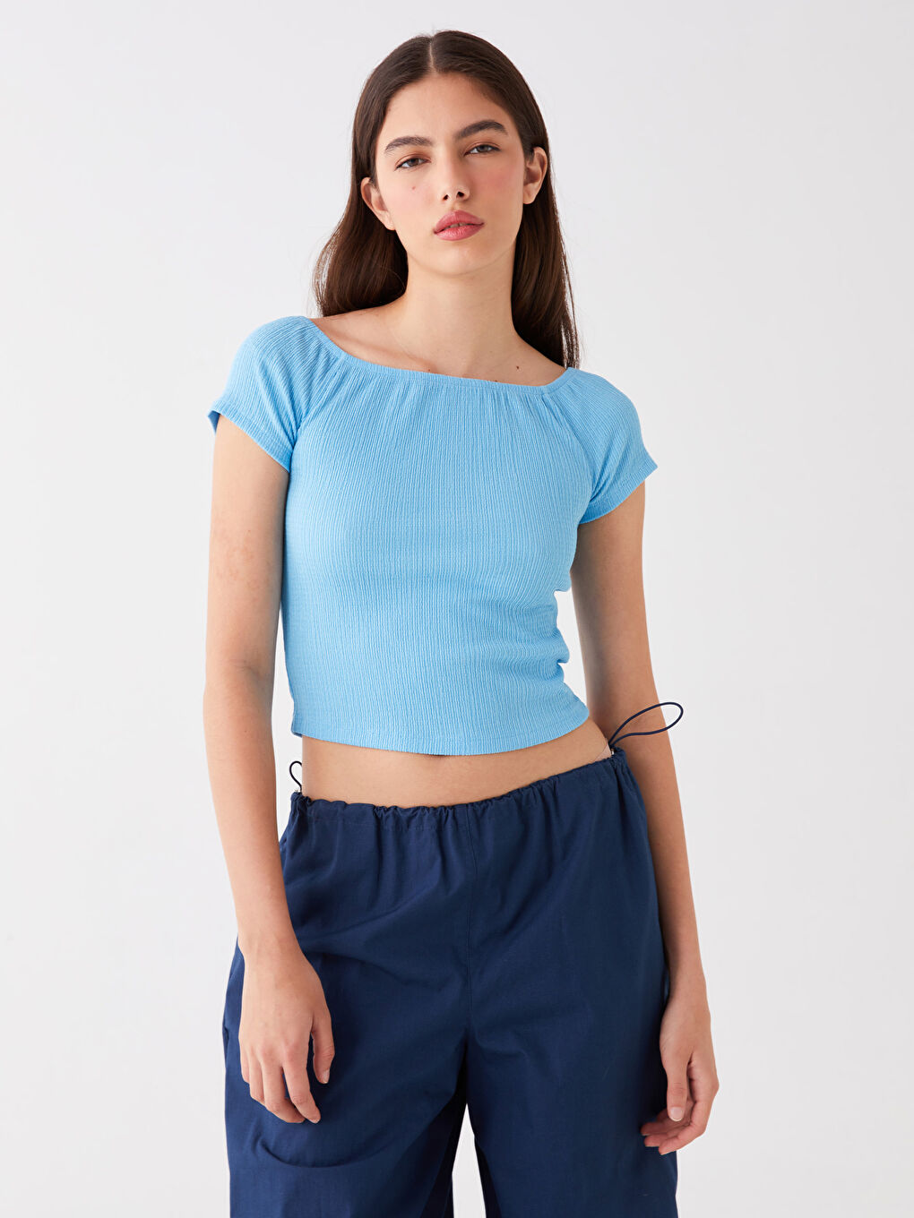 Slash Neck Plain Short Sleeve Women's T-Shirt -S4DK55Z8-FFU