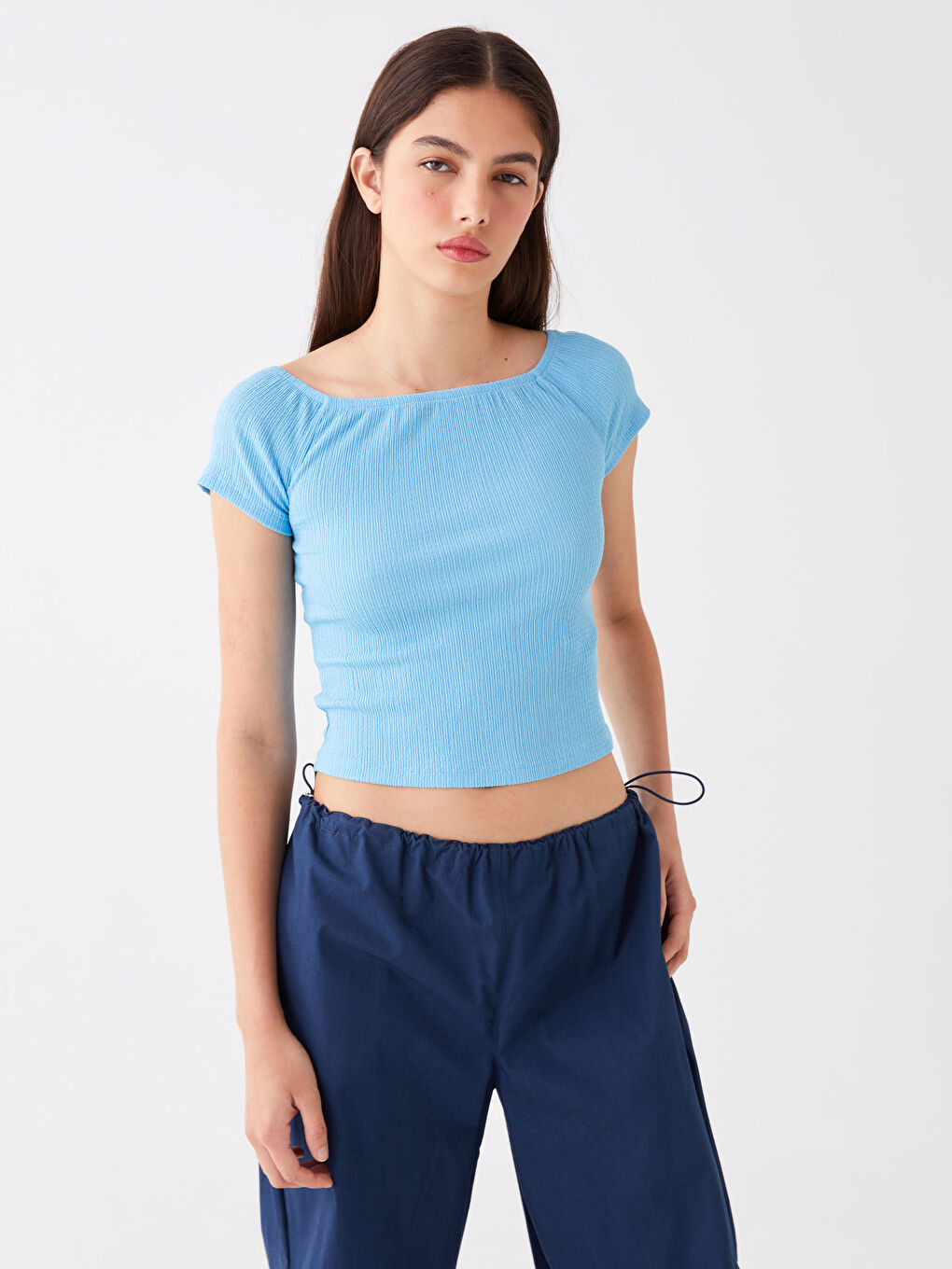 Slash Neck Plain Short Sleeve Women's T-Shirt -S4DK55Z8-FFU