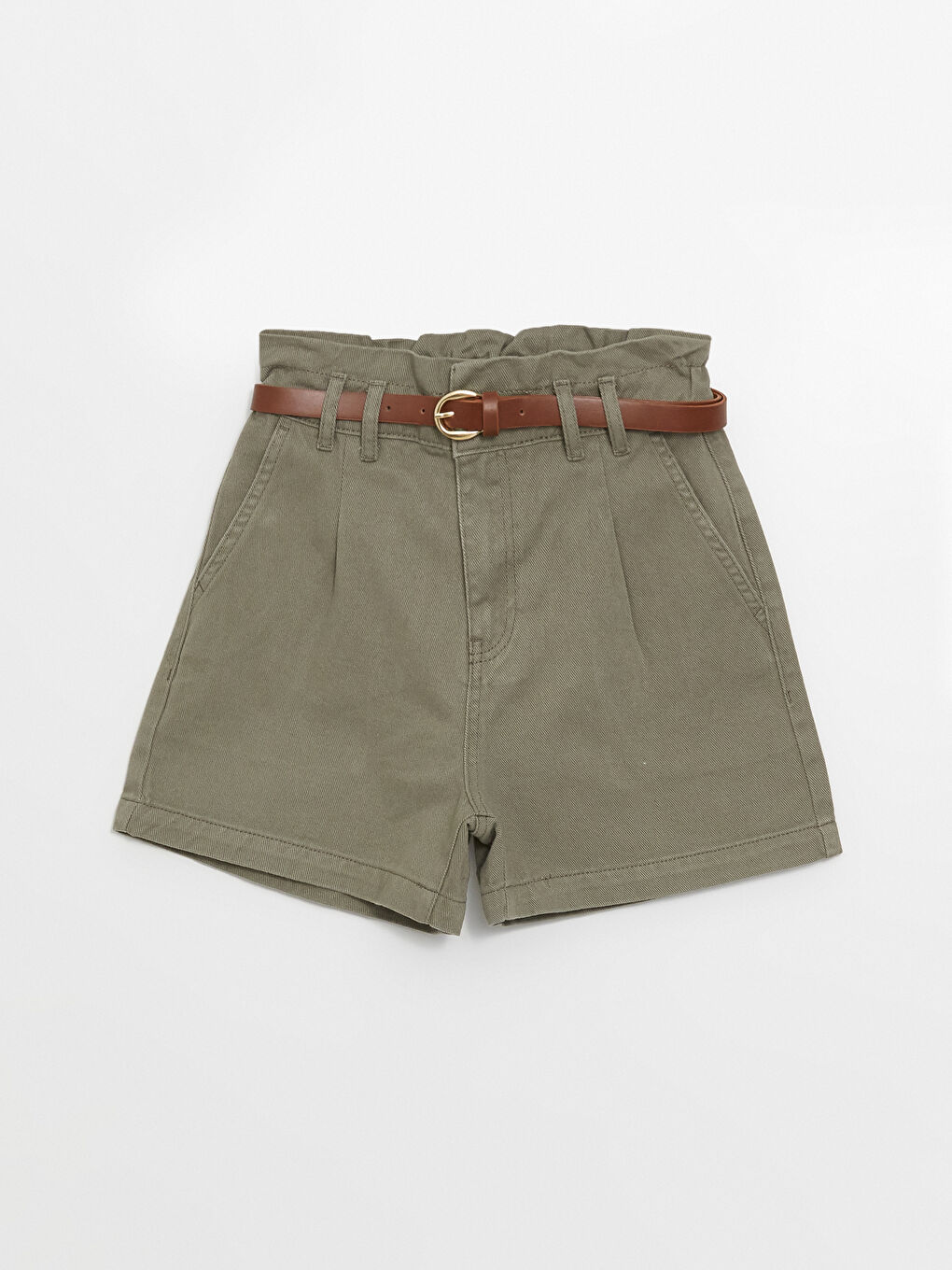 Yeşil Beli Kemerli Paperbag Kadın Pileli Jean Şort