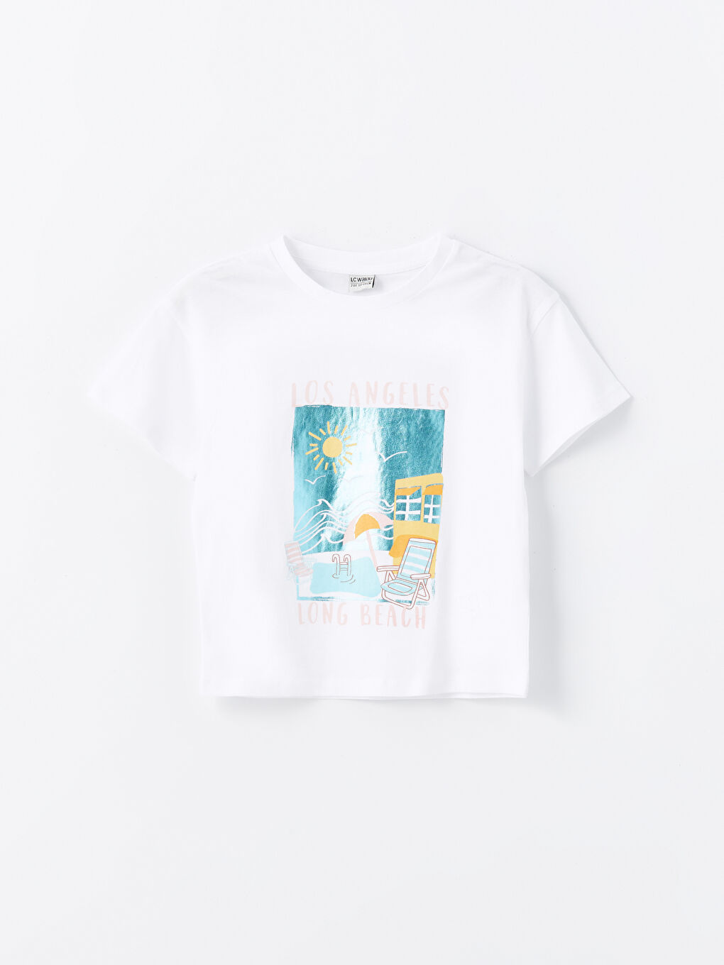 LCW Kids Beyaz Bisiklet Yaka Baskılı Kısa Kollu Kız Çocuk Tişört