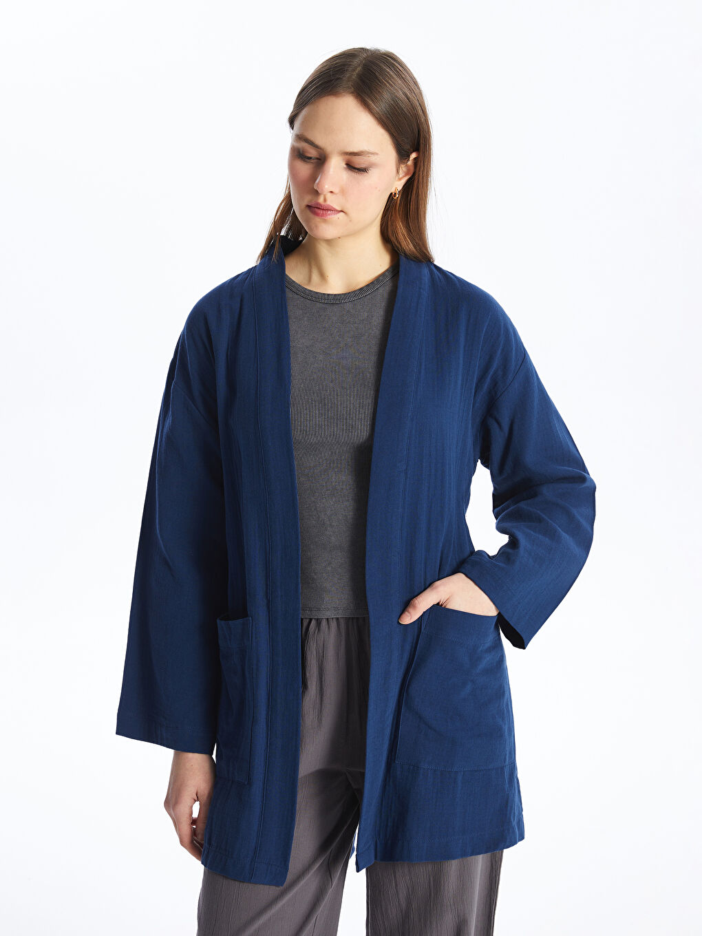 Shawl Collar Plain Long Sleeve Oversize Women's Kimono -S4DN96Z8-UEF