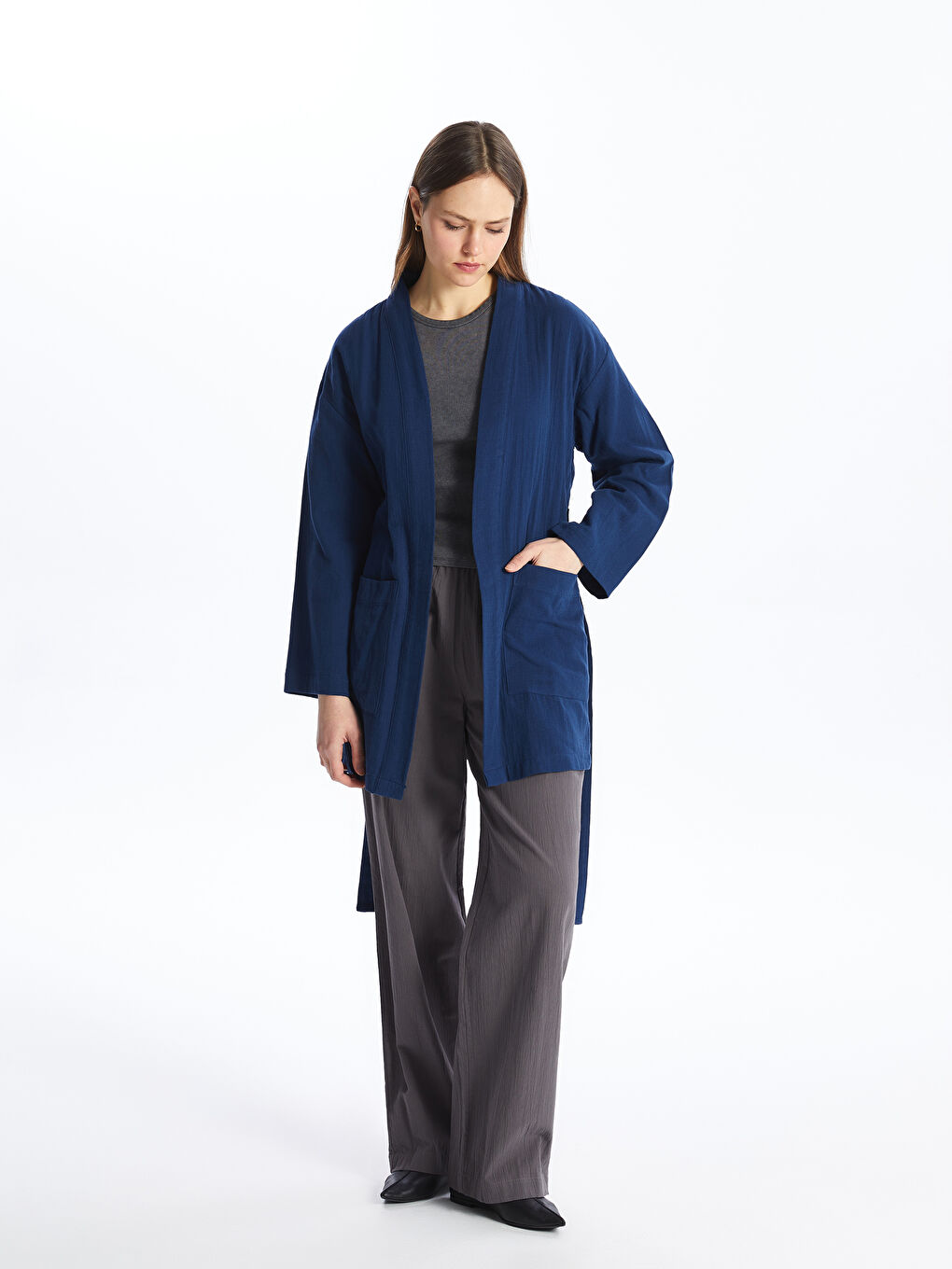 Shawl Collar Plain Long Sleeve Oversize Women's Kimono -S4DN96Z8-UEF