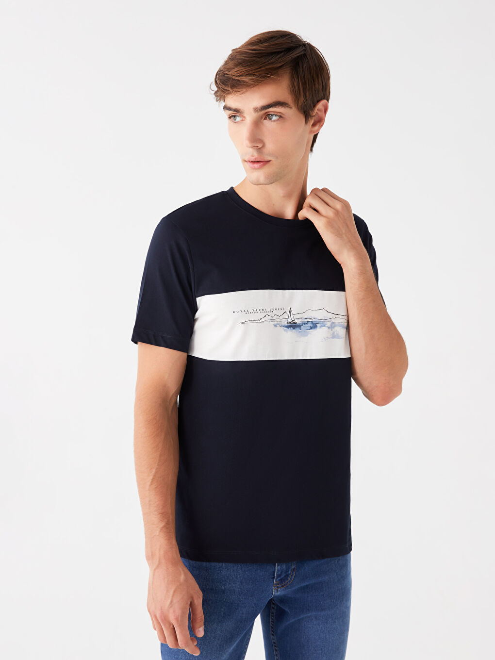 Lacivert Bisiklet Yaka Kısa Kollu Baskılı Erkek Tişört-1