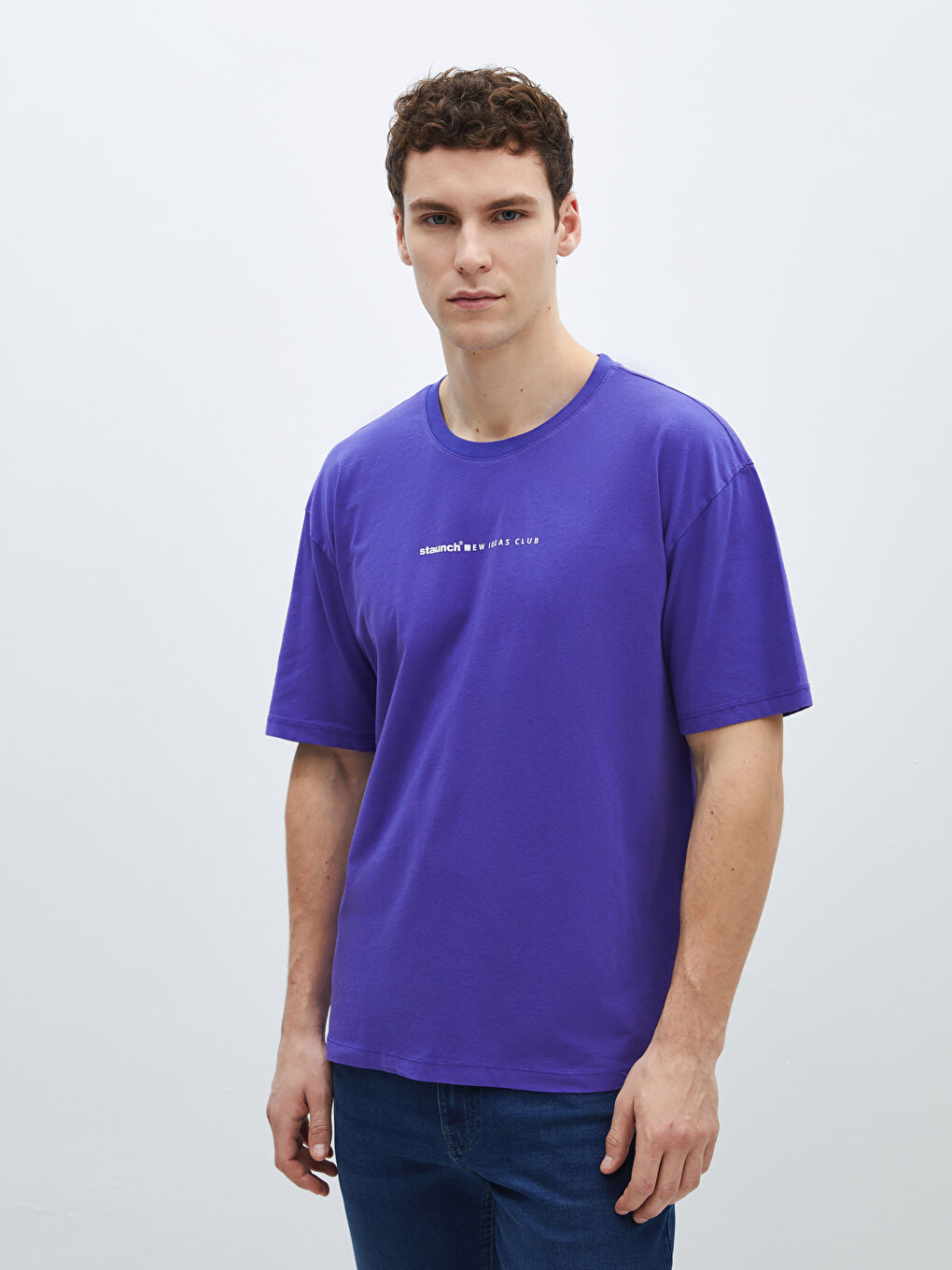 Mor Bisiklet Yaka Kısa Kollu Baskılı Penye Erkek Tişört-1