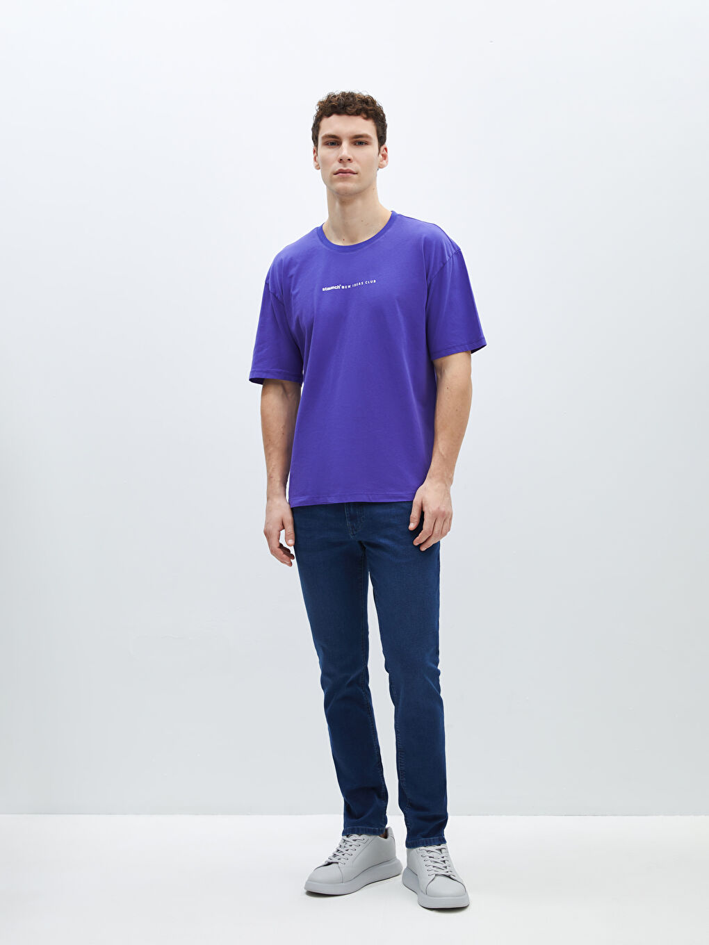 Mor Bisiklet Yaka Kısa Kollu Baskılı Penye Erkek Tişört-2