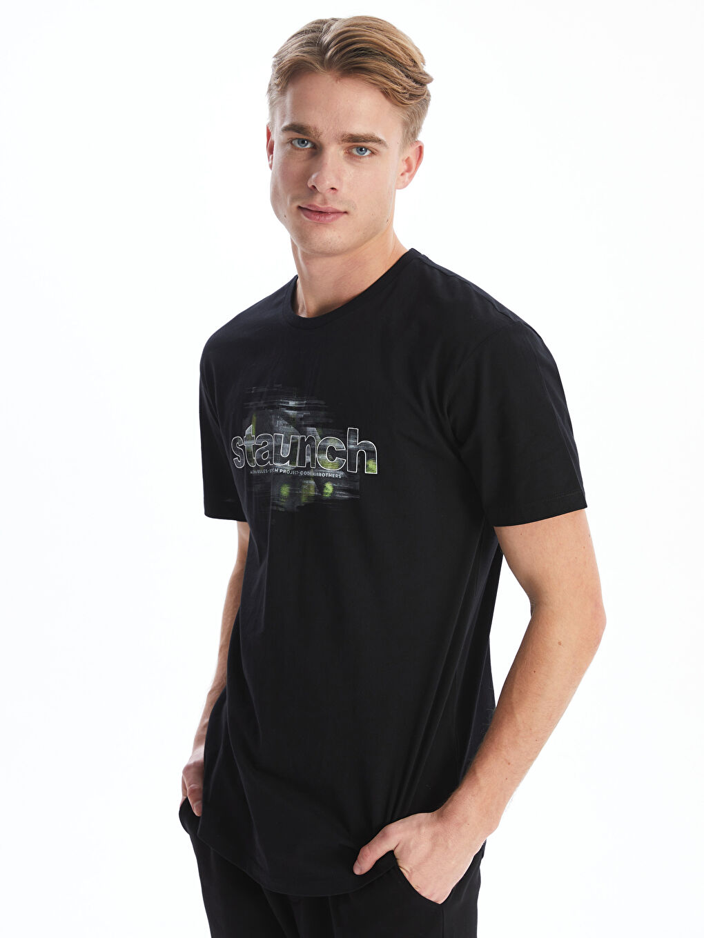 Siyah Bisiklet Yaka Kısa Kollu Baskılı Penye Erkek Tişört-1