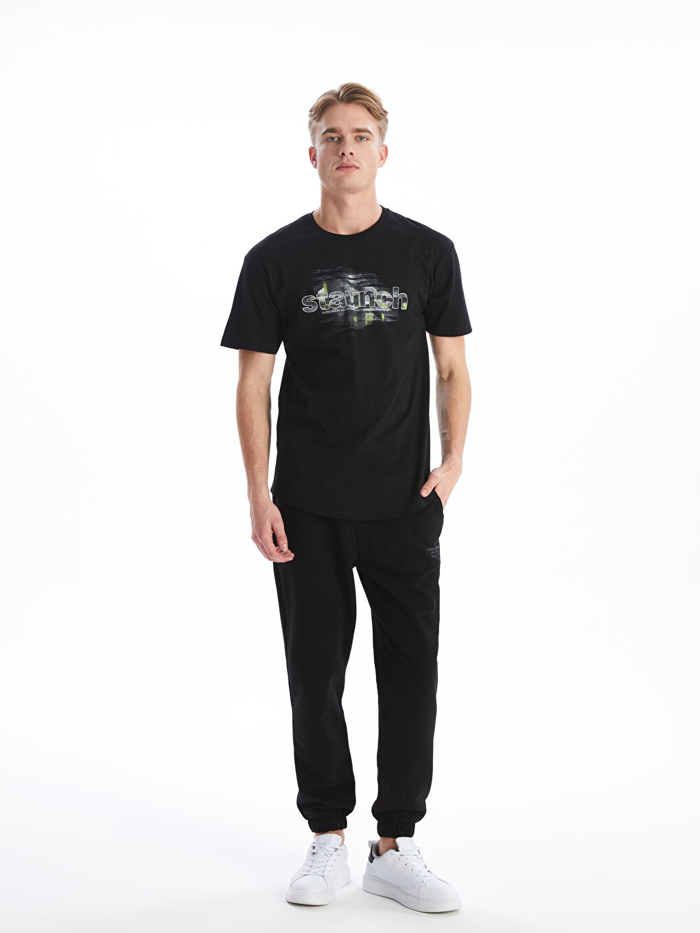 Siyah Bisiklet Yaka Kısa Kollu Baskılı Penye Erkek Tişört-2