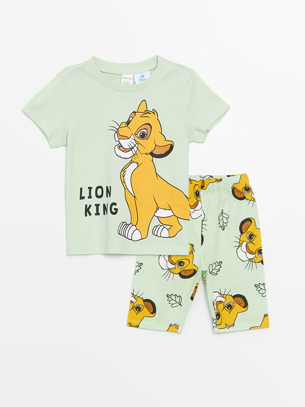 LCW baby Pastel Yeşil Bisiklet Yaka Kısa Kollu Lion King Baskılı Erkek Bebek Şortlu Pijama Takımı