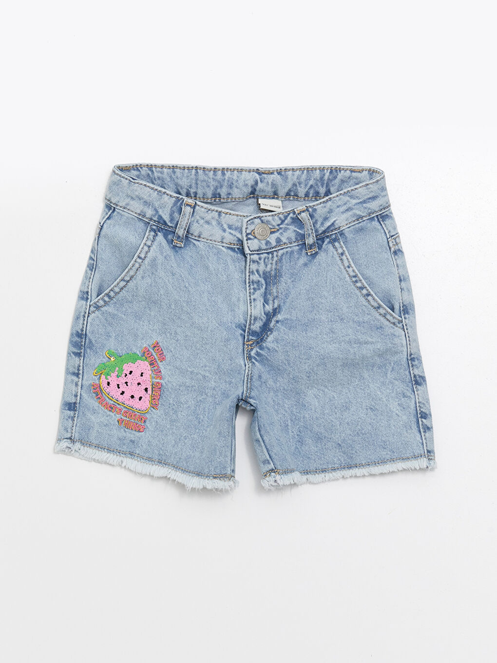 LCW Kids Mavi Asit Yıkamalı Çift Yönlü Payetli Kız Çocuk Jean Şort - 1