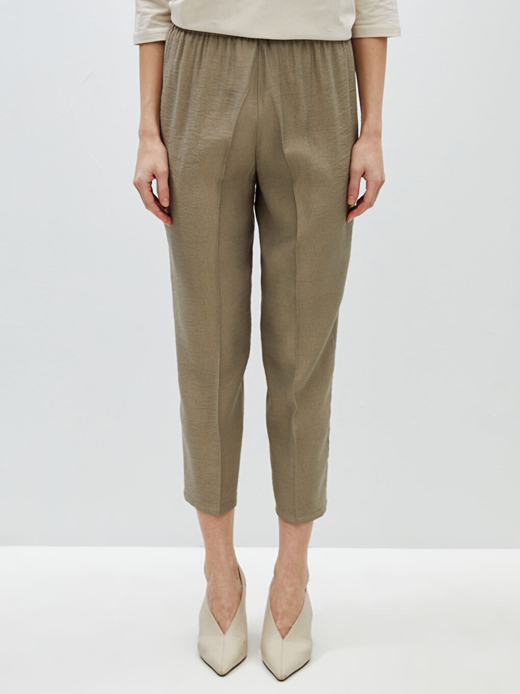 Haki Beli Lastikli Rahat Kalıp Kadın Pantolon-5