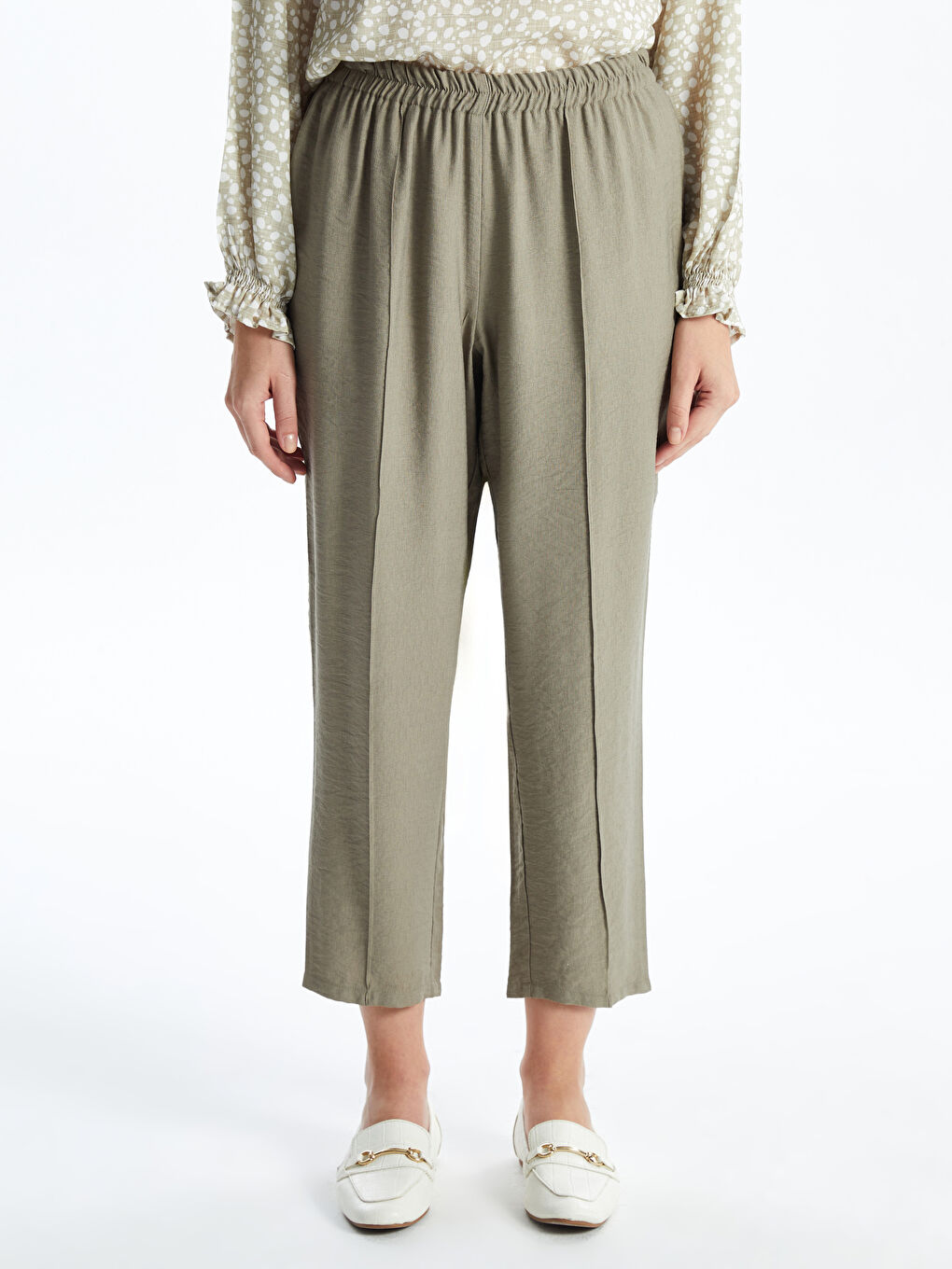 Haki Beli Lastikli Rahat Kalıp Kadın Pantolon-2