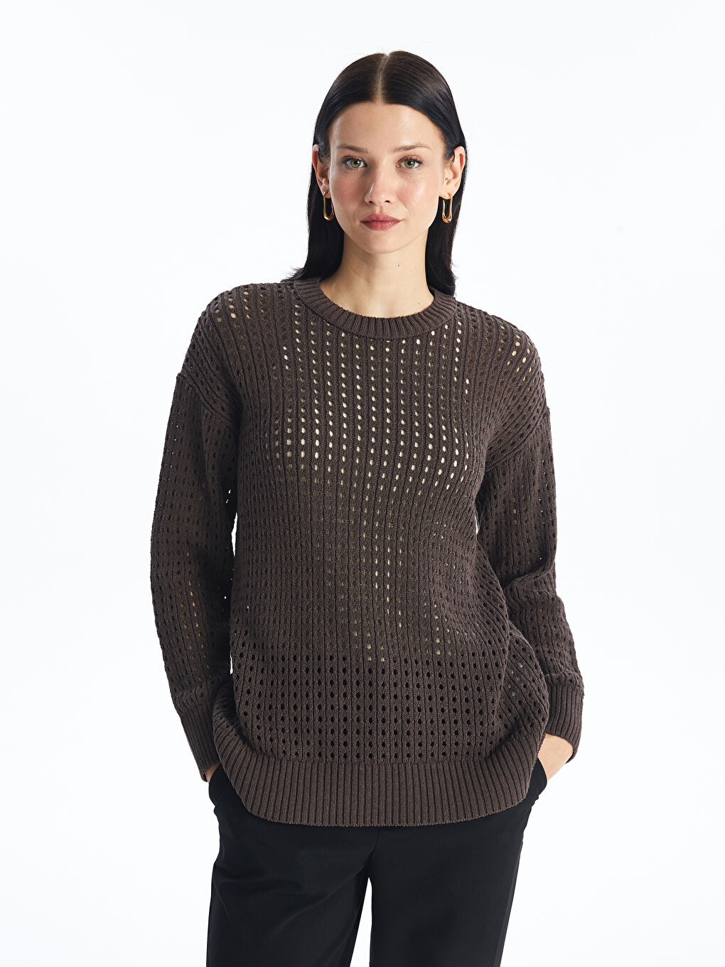 Crew Neck Ajour Long Sleeve Women's Tricot Sweater -S4DS99Z8-VBM