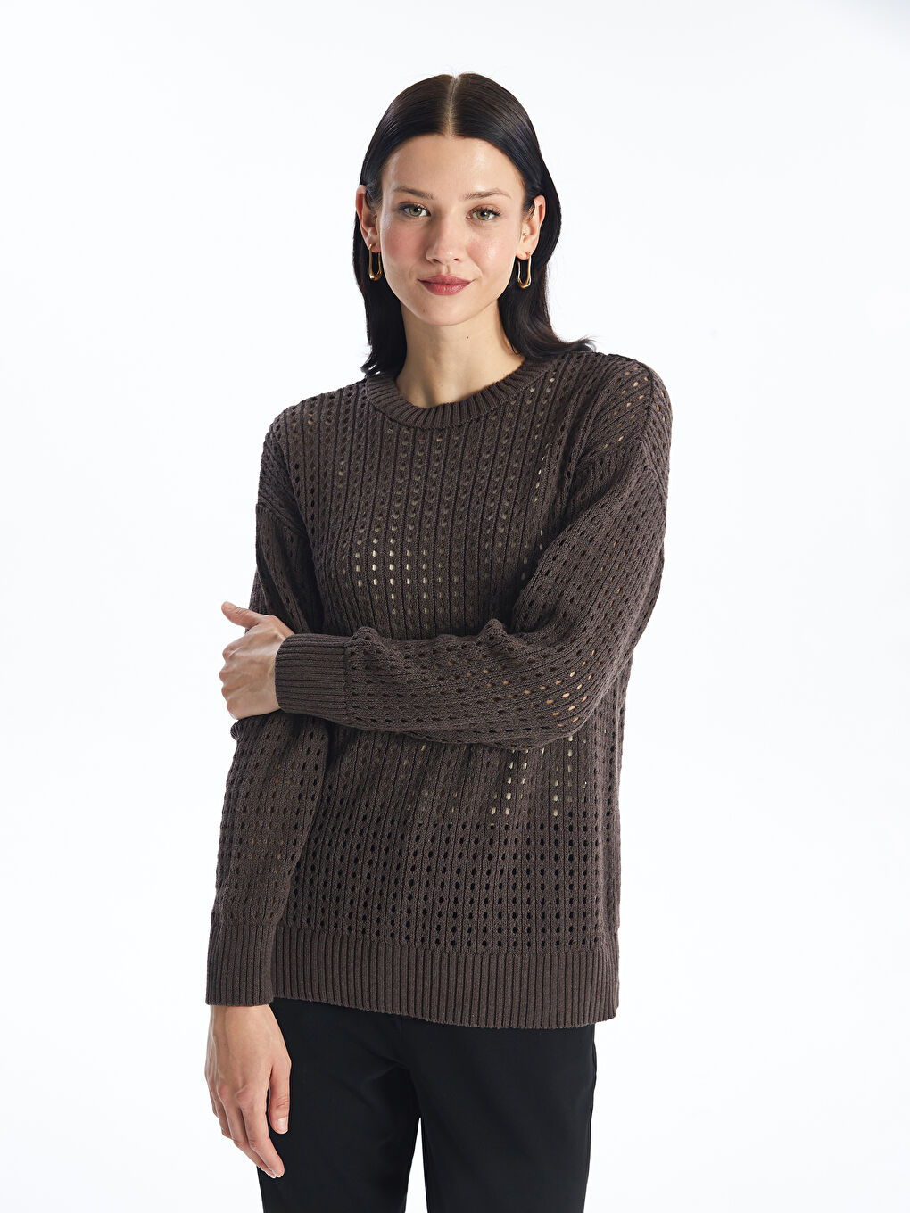 Crew Neck Ajour Long Sleeve Women's Tricot Sweater -S4DS99Z8-VBM