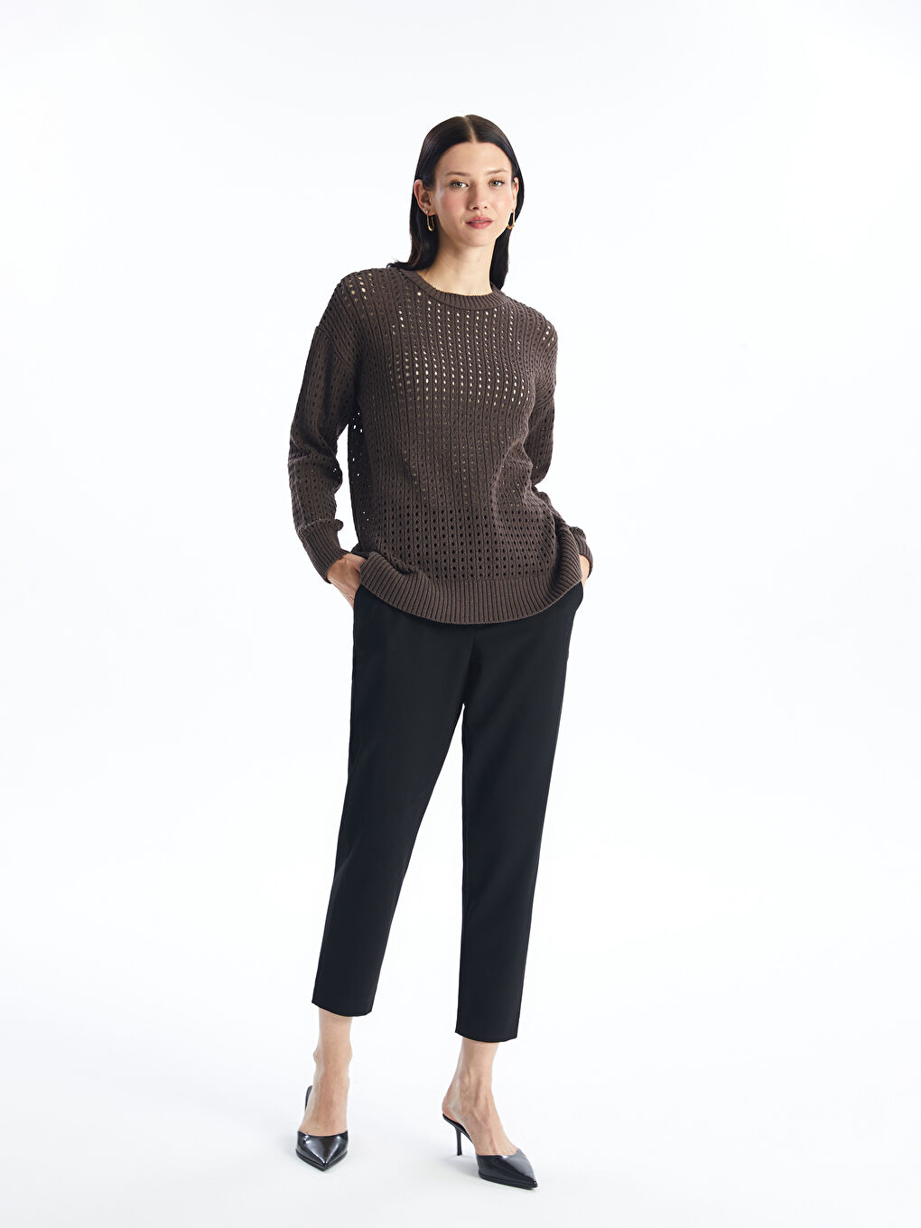 Crew Neck Ajour Long Sleeve Women's Tricot Sweater -S4DS99Z8-VBM