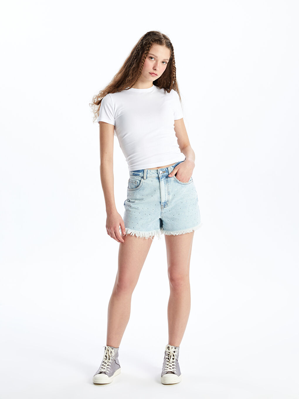 Regular Fit Rhinestone Embellished Women's Denim Shorts -S4DT14Z8-311