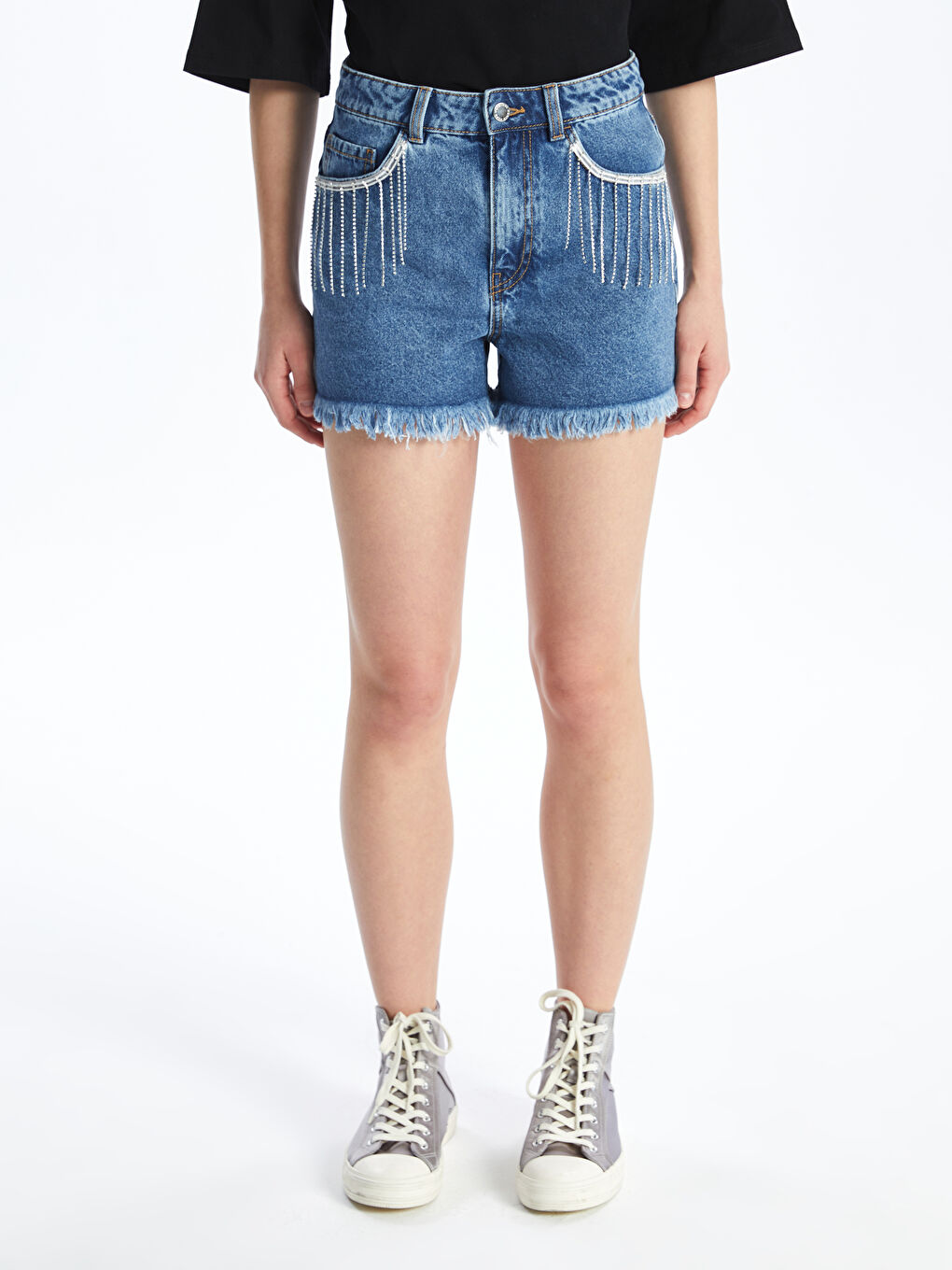 Standard Fit Stone Detailed Women's Denim Shorts -S4DT15Z8-507