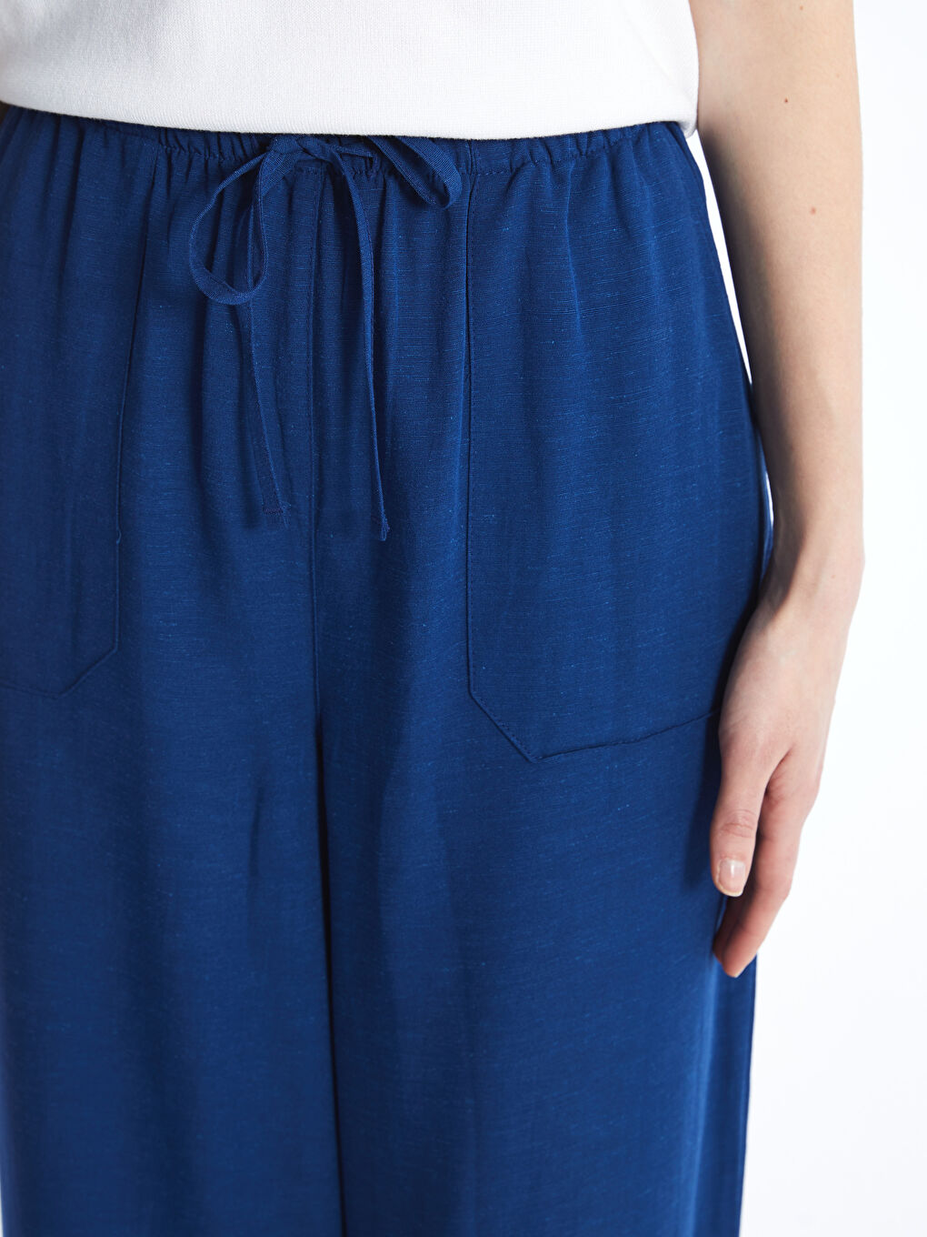 LCW Vision Indigo Beli Lastikli Düz Keten Karışımlı Kadın Pantolon - 3