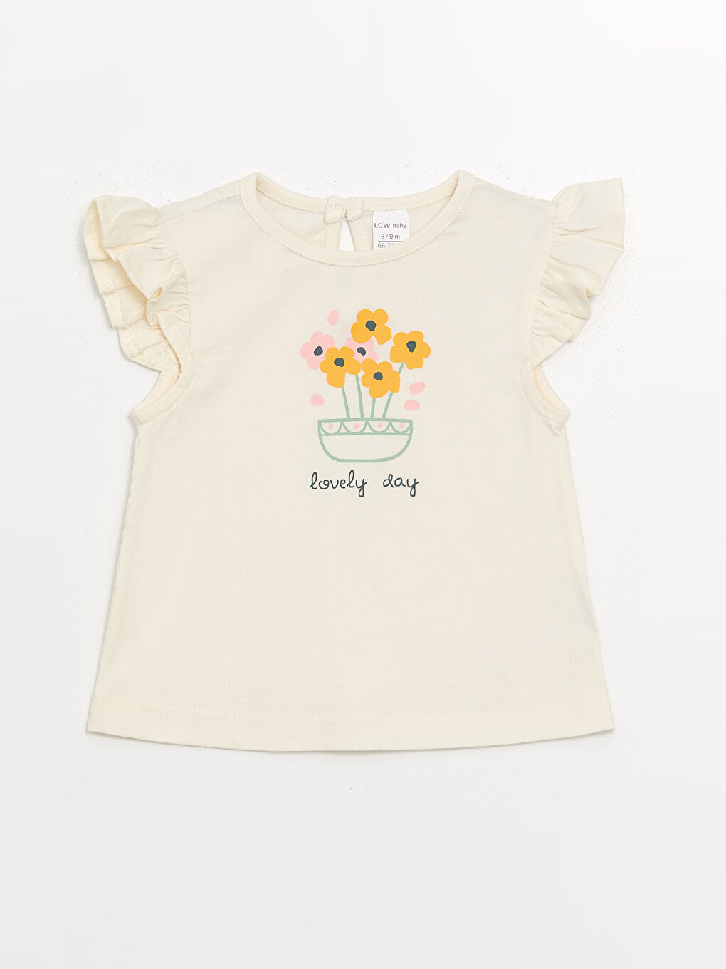 Ekru Bebe Yaka Çiçekli Kız Bebek Tişört