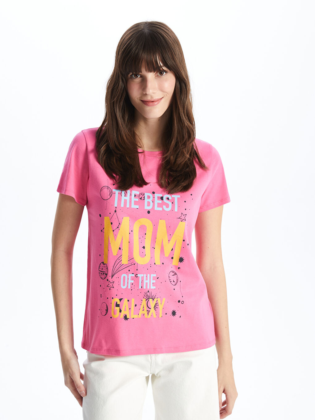 Pembe Bisiklet Yaka Baskılı Kısa Kollu Kadın Tişört