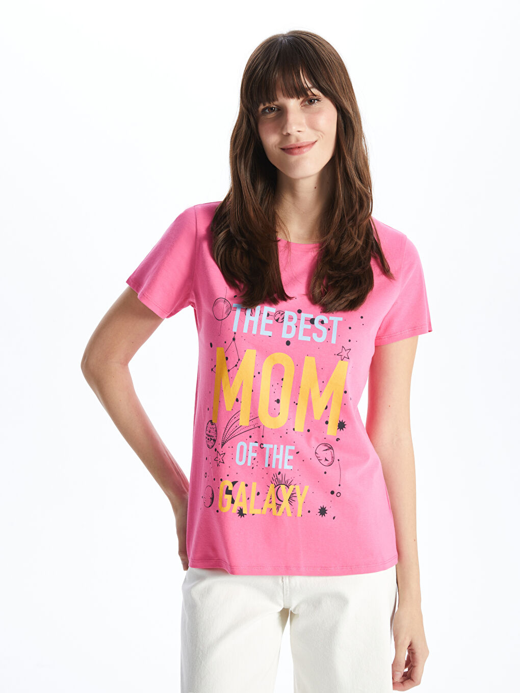 Pembe Bisiklet Yaka Baskılı Kısa Kollu Kadın Tişört-1